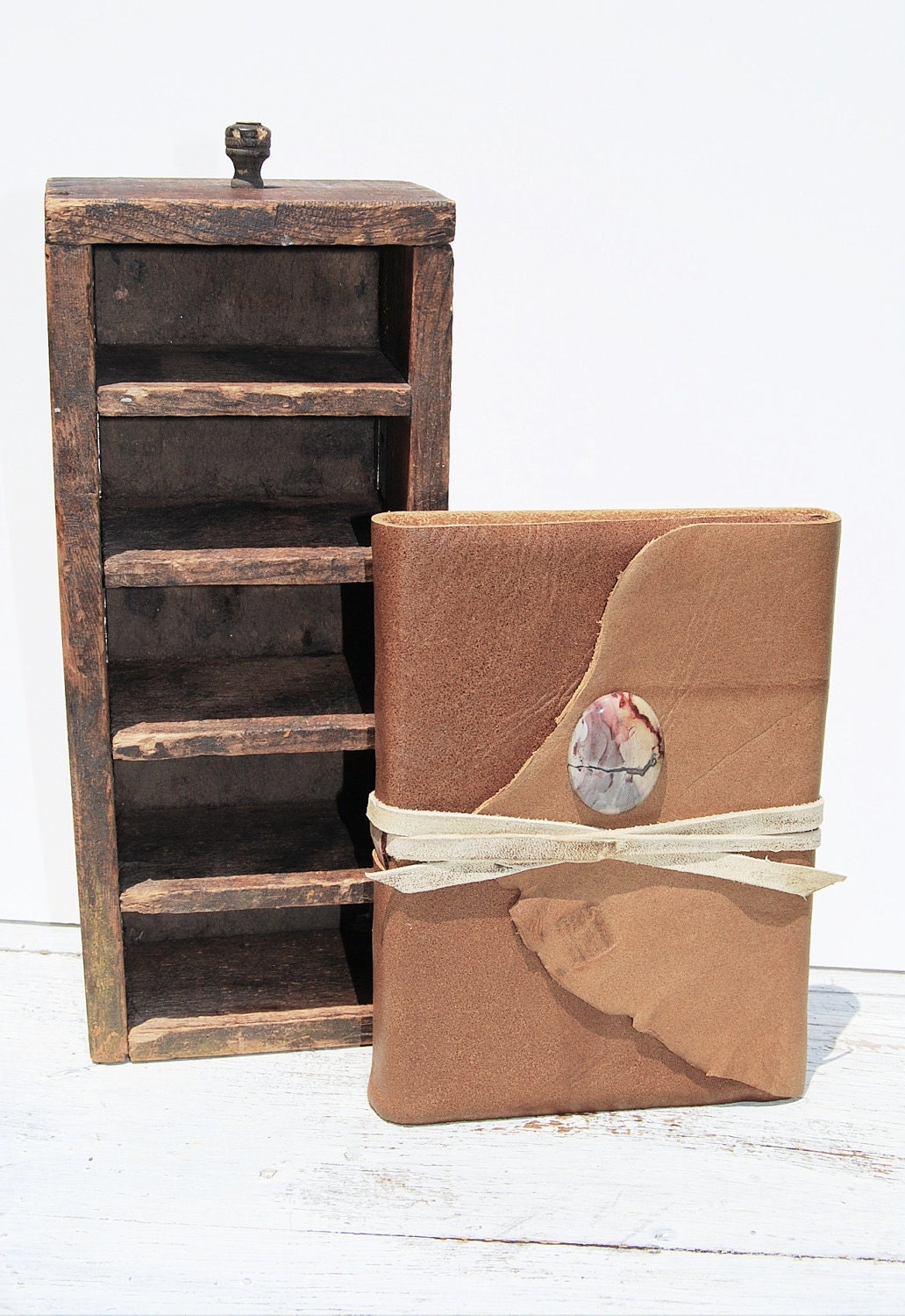 Leather Travel Journal Handmade Bound Art Notebook Dairy Agate Stone Silkscreen (045)