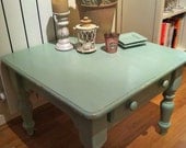SOLD-Mint Green Distressed Shabby Chic Table with Striped Drawer