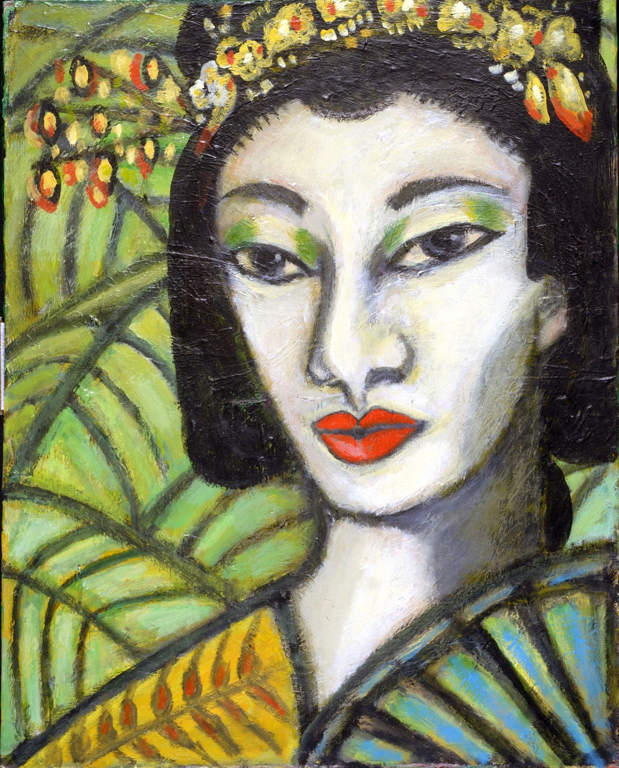 Fine Art Print, Geisha, Asian Woman, Japanese Dancer, Giclee Print, Acrylic Painting, Green, Red Lips, Fan, Palms, Small Print