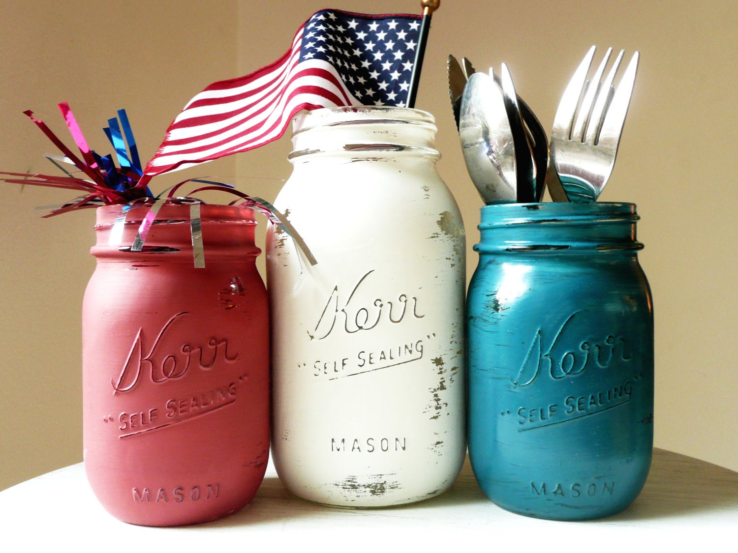 July 4th Red, White, Blue Painted and Distressed Shabby Chic Mason Jars - outdoor and backyard BBQ Home Decor