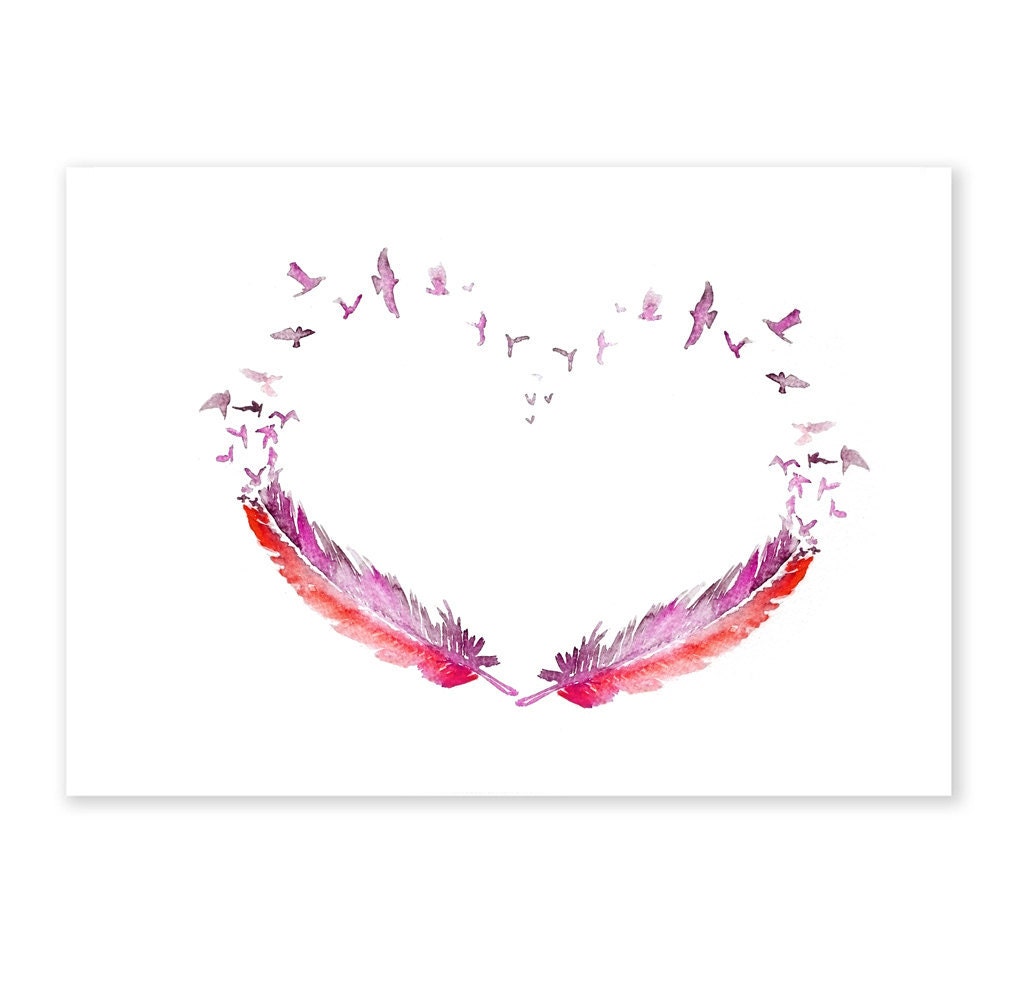 LOVE bird feather ART PRINT 13X19 original watercolor painting illustration home wall decor  modern contemporary reproduction poster