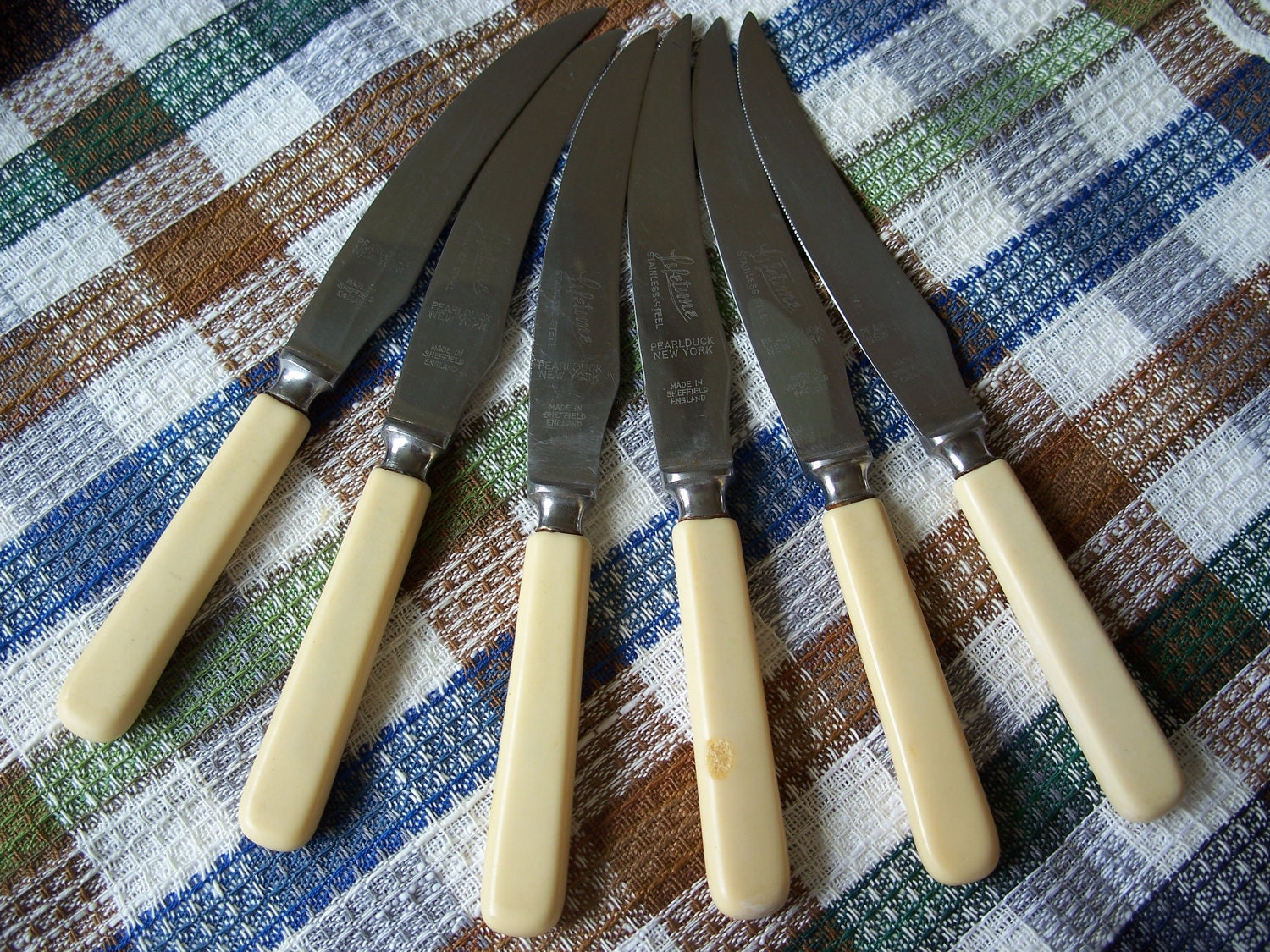 Six Pearlduck Steak Knives made in Sheffield, England