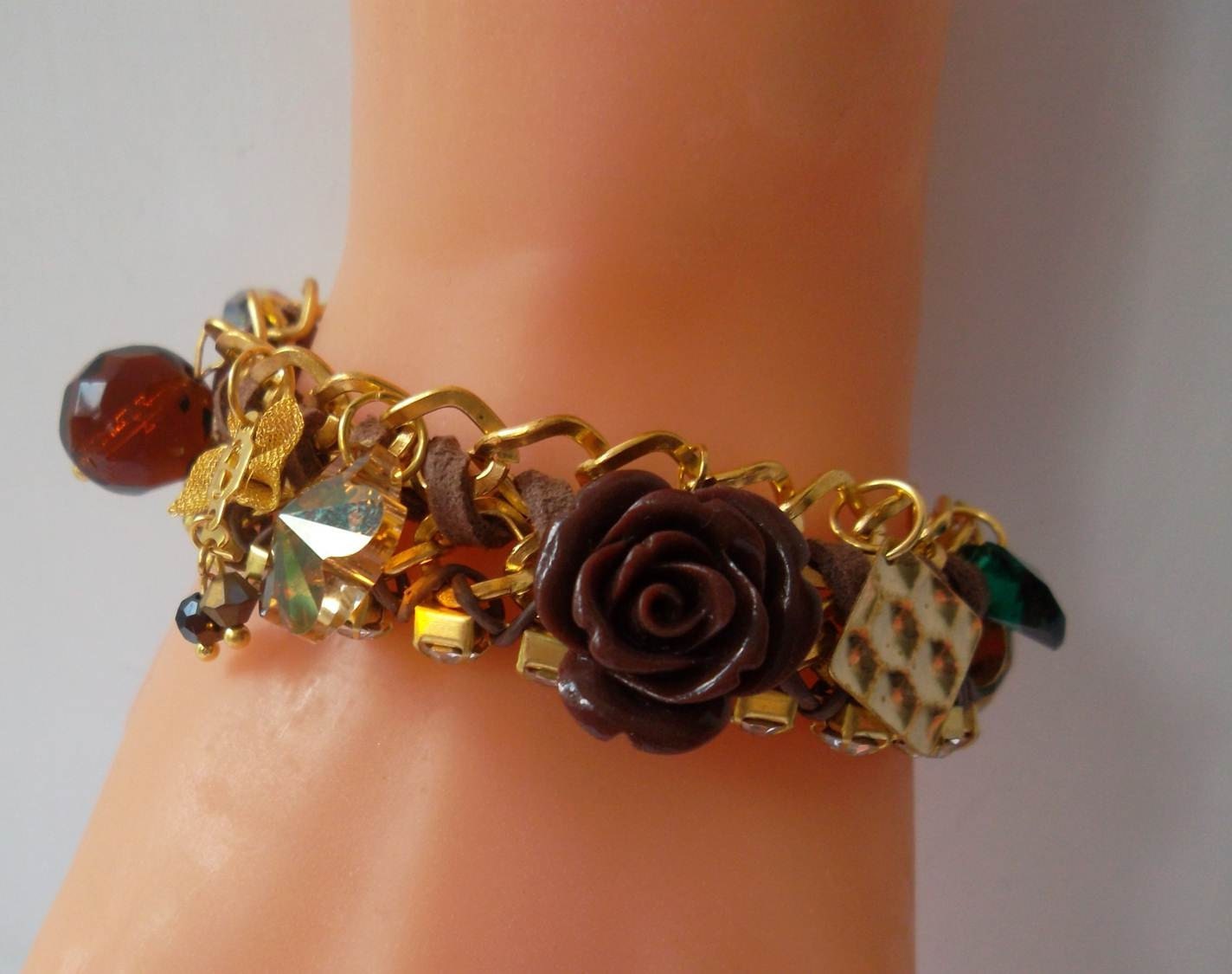 Golden Chain Bracelet with Swarovski Crystal and Porcelain Flower