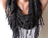 New Scarf - Gift - Winter Scarf - Black Cotton Scarf with Black Trim Edge