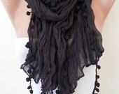 Black Scarf with Pompom Trim - Cotton Fabric