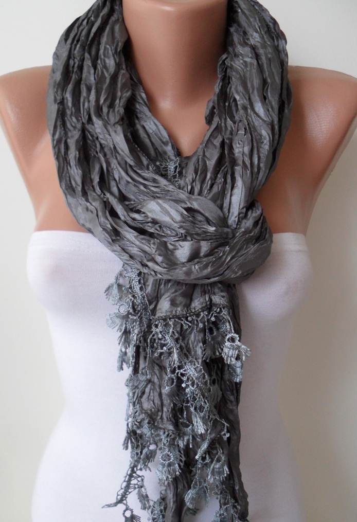 ON SALE - Grey Satin Scarf with Trim Edge