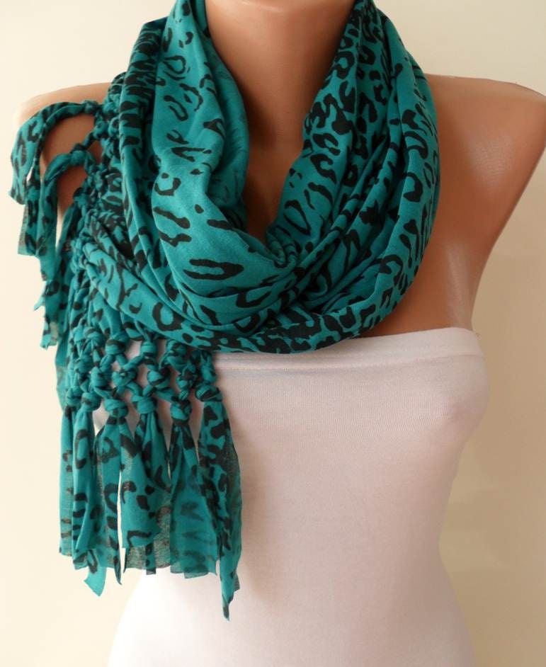 Mother's Day - Green/Black Leopard Scarf - Combed Cotton Scarf - Gift
