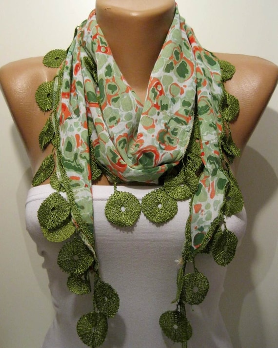 Green Cotton Thin Scarf with Green Trim Edge