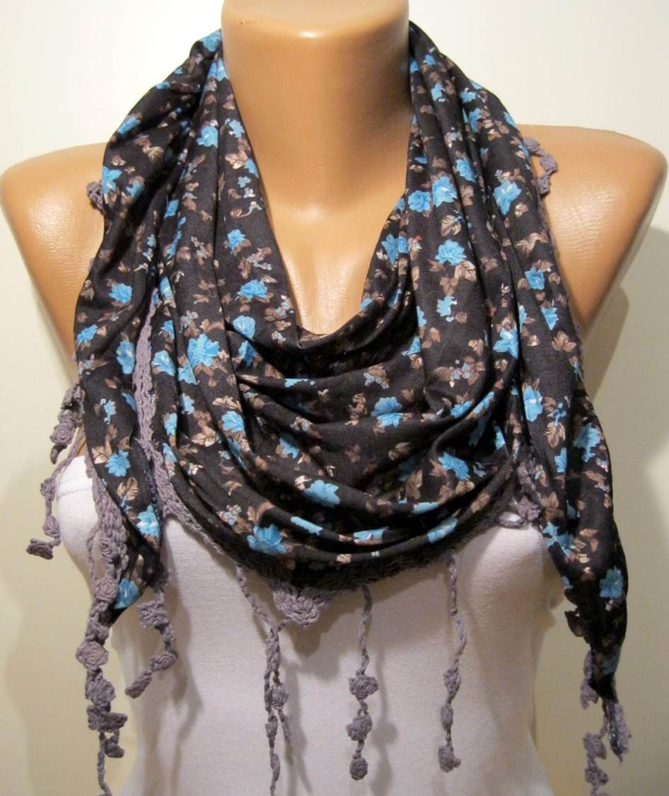 Dark Grey and Elegance Shawl / Scarf - with Lace Edge - Blue Flowers