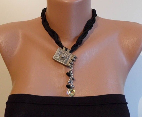 Black Necklace with Svarowski Heart and Crystals and Silk - Speacial Design
