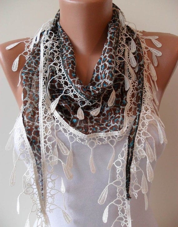Green and Brown Leopard Shawl / Scarf with Lace Edge - NEW SPRING TREND