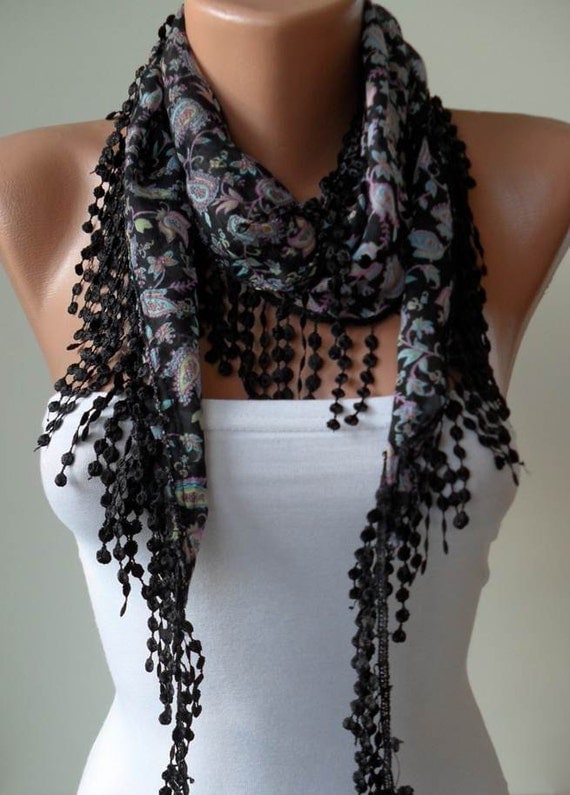 SALE - Black and Colorful Scarf with Black Trim Edge