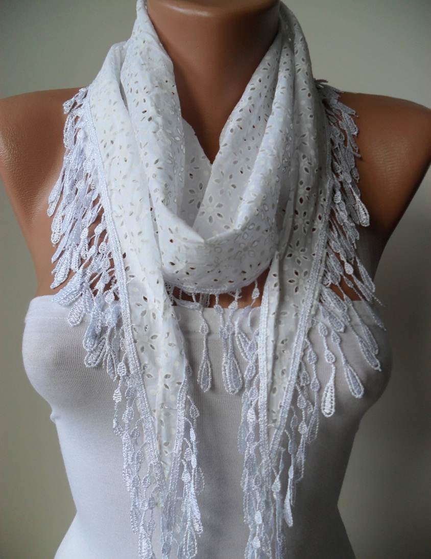 Gift - Cotton - Perforated Fabric Scarf - White Scarf with White Trim Edge
