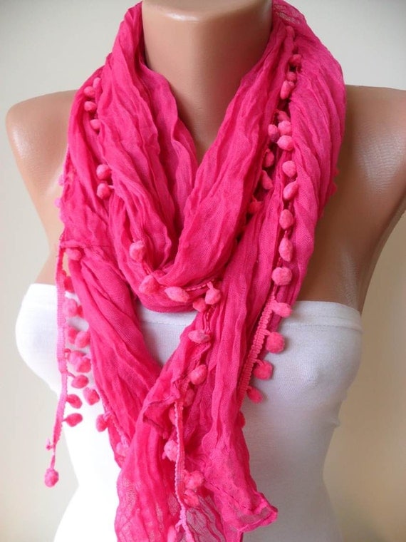 Pink Cotton Scarf with Pompom Trim --