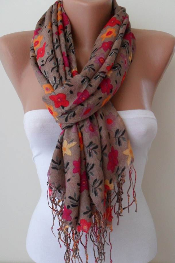 Light Brown and  Flowered Scarf
