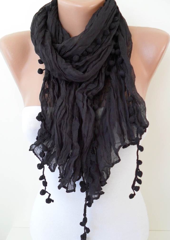 Black Scarf with Pompom Trim - Cotton Fabric