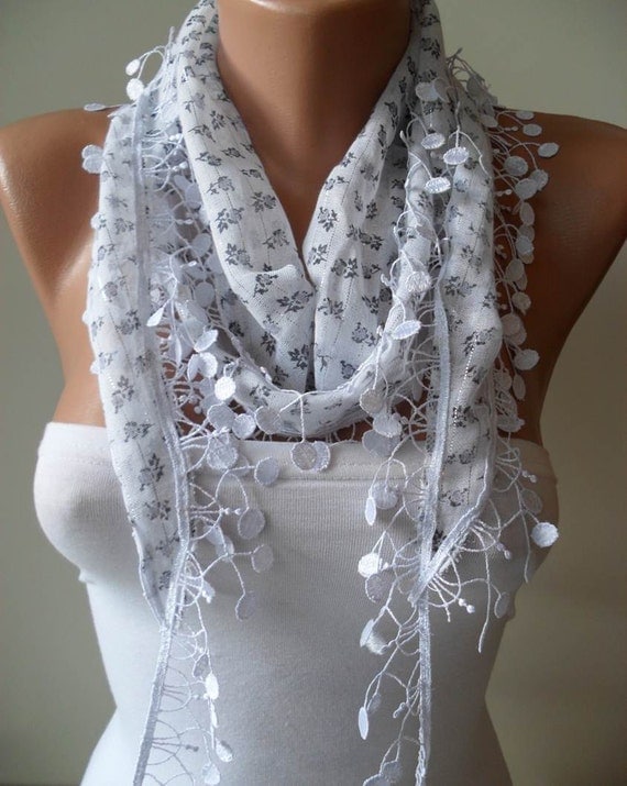 SALE - White Scarf with Grey Flowers  with White Trim Edge -  Silvery Fabric