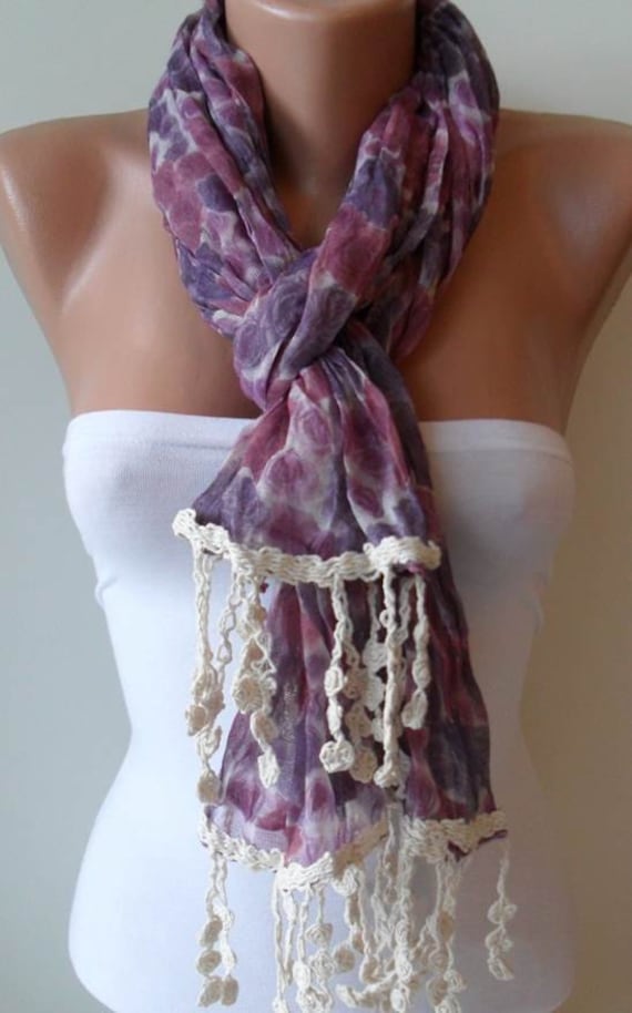 SALE SALE - Purple Linen Flowered Scarf - with Beige Trim Edge