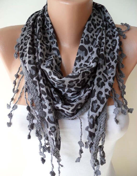 ON SALE - Leopard - Grey Scarf - with Grey Trim Edge