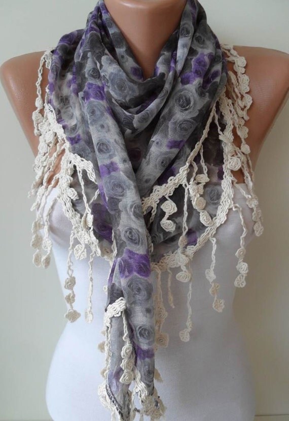 Linen Scarf - Purple and Grey Flowered Scarf - with Grey Trim Edge - Triangular