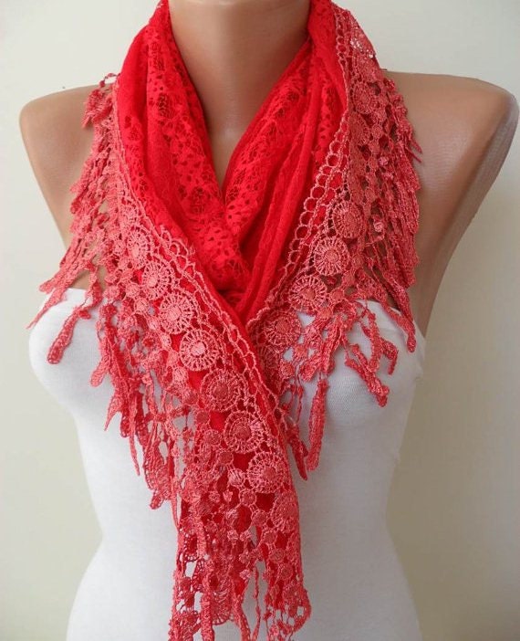 Red Shawl - Red Laced Fabric with Trim Edge