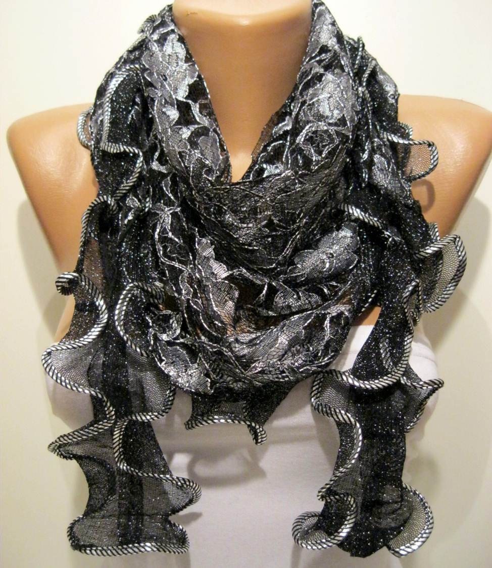 Black Lace and Elegance Shawl / Scarf - Silvery