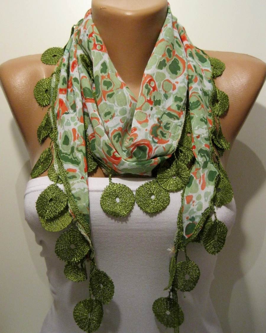 Green Cotton Thin Scarf with Green Trim Edge