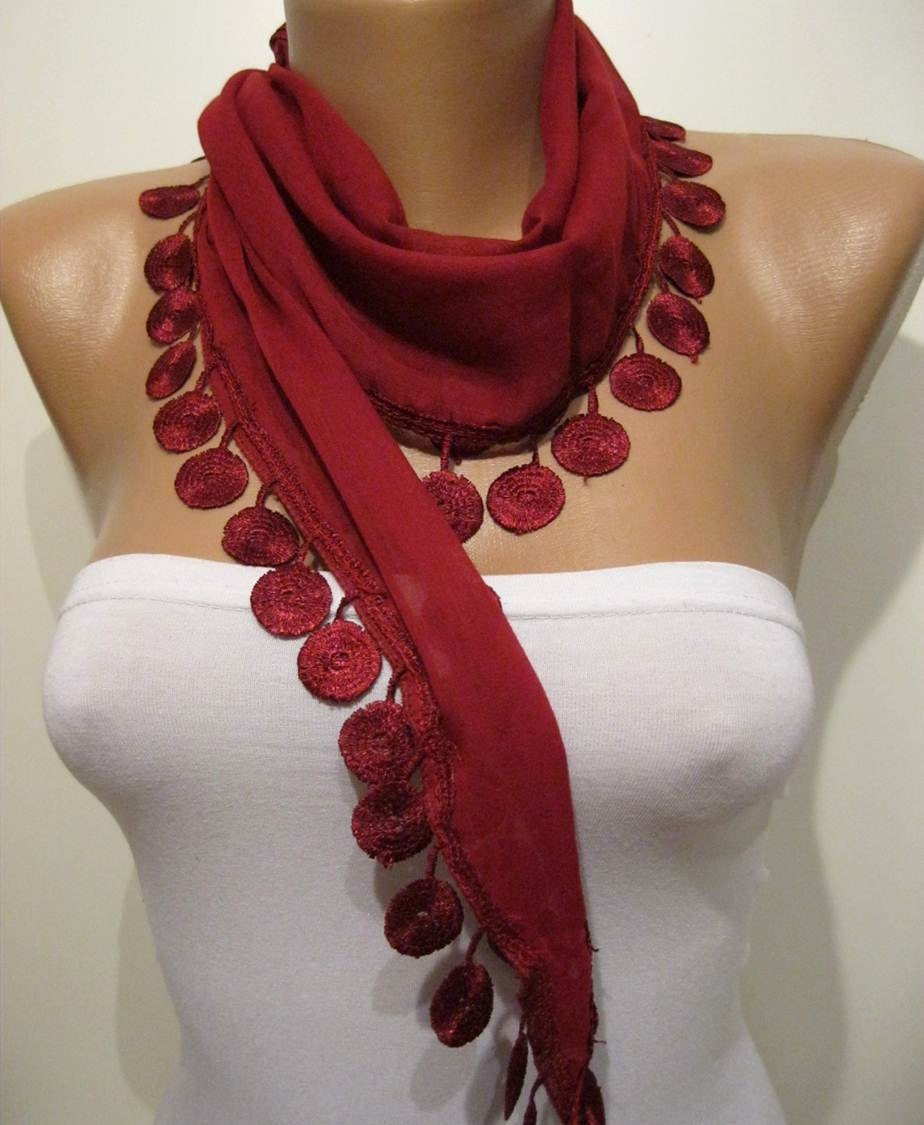 Burgundy and Elegance Shawl / Scarf with Lace Edge