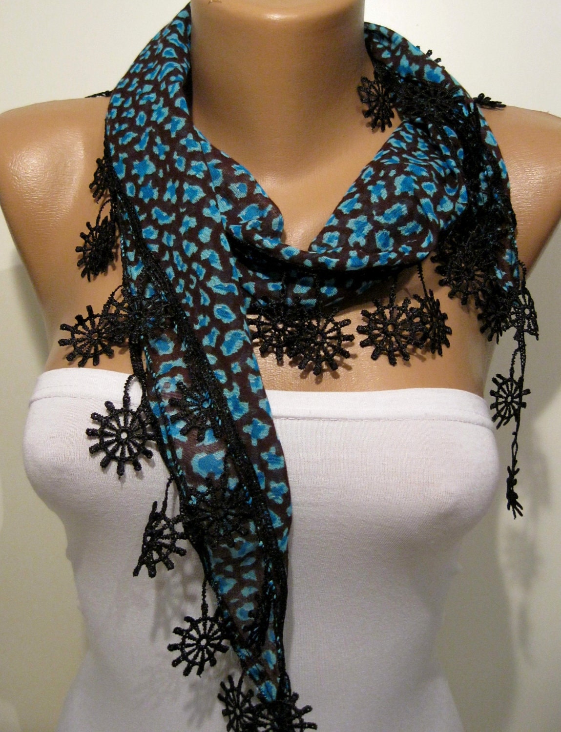 Blue and Black Elegance Shawl / Scarf with Lace Edge