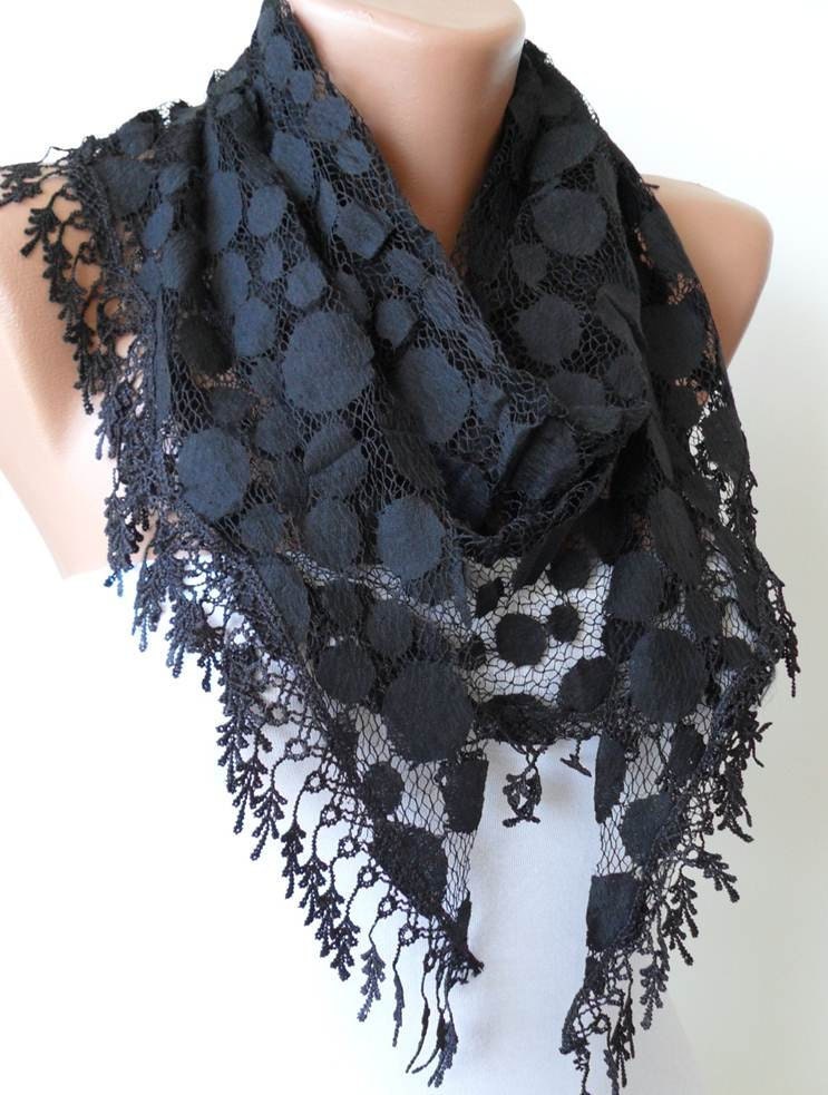 Mother's Day - Black Lace Scarf - Polka Dot Patterned Tulle Scarf with Black Trim