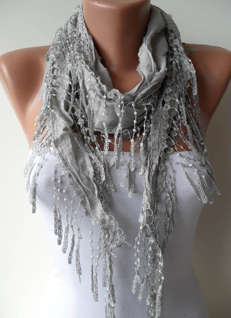 Valentine's Day - Gray Scarf- Light Gray Scarf with Gray Lace Trim Edge