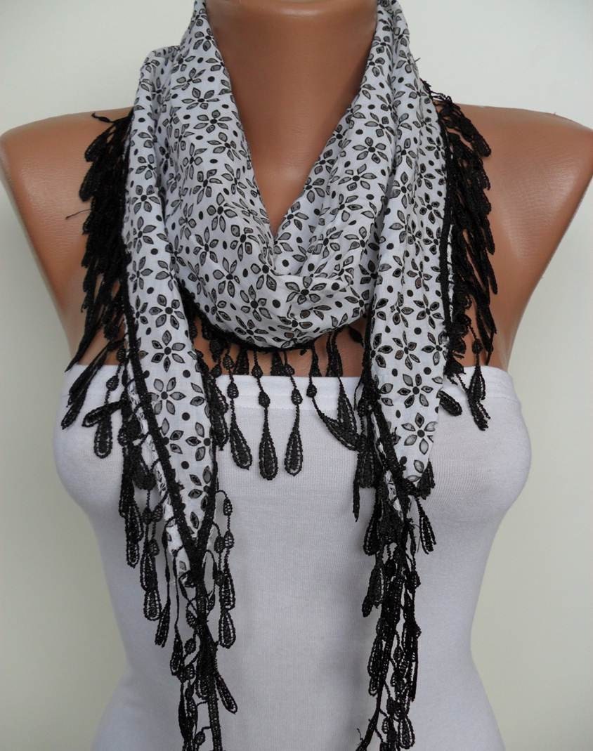 Perforated Black and White Fabric Scarf with Black Trim Edge