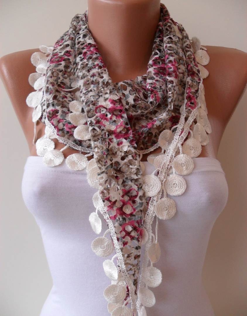 SALE - Perforated Fabric - Colorful Spring Shawl / Scarf - with Lace Edge