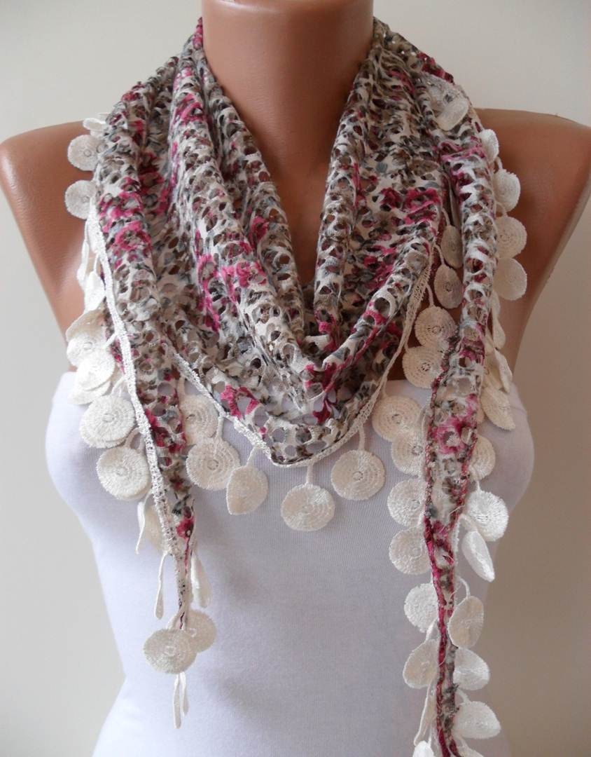 SALE - Perforated Fabric - Colorful Spring Shawl / Scarf - with Lace Edge