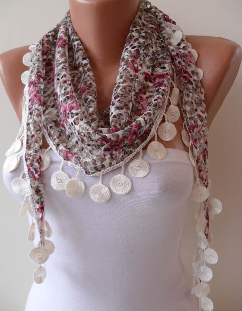 SALE - Perforated Fabric - Colorful Spring Shawl / Scarf - with Lace Edge