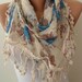 New - Triangular - Linen Scarf - Blue and Beige Scarf with BeigeTrim Edge - Vintage Look - Linen Scarf