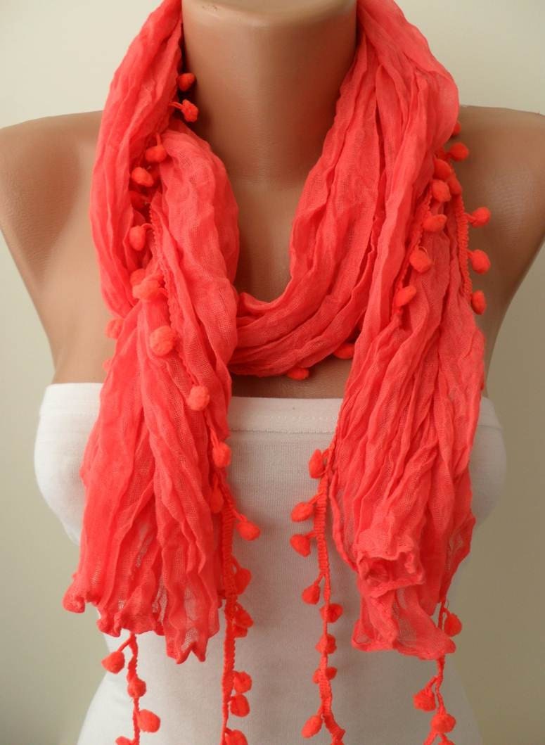 Coral Cotton Scarf with Pompom Trim Edge