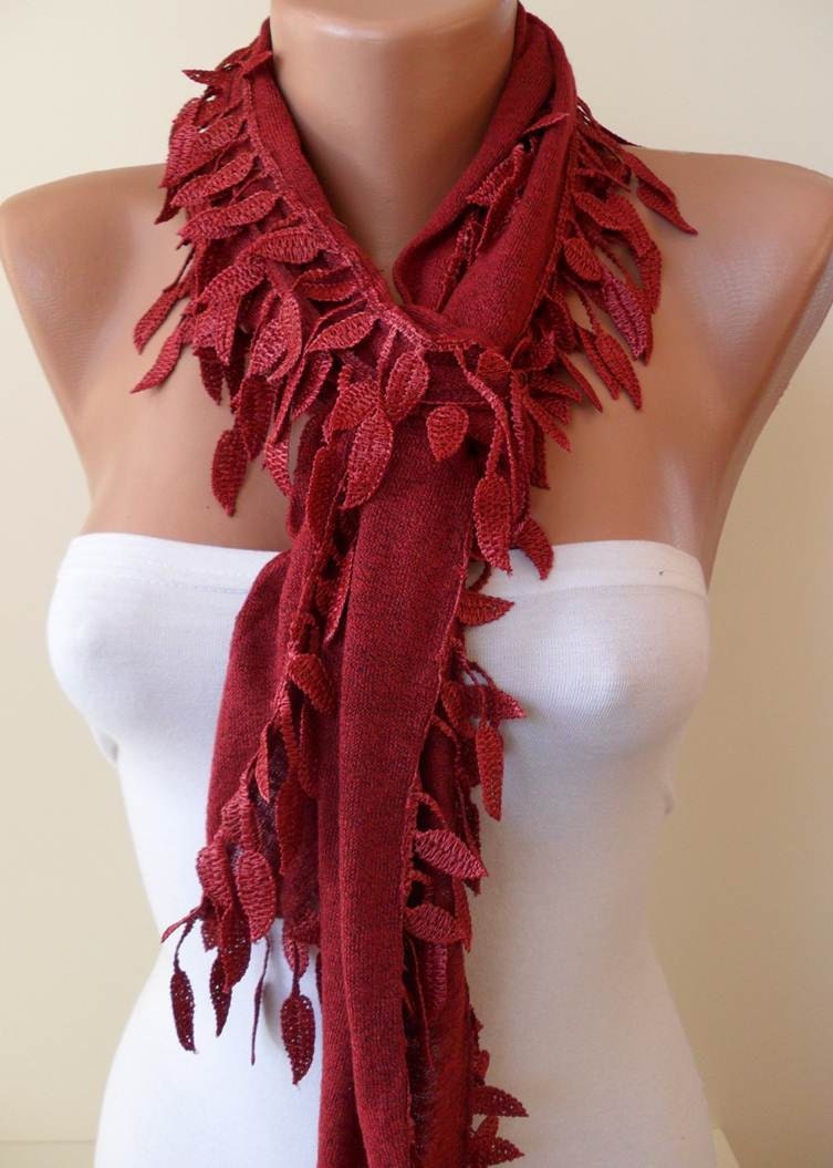 Burgundy Scarf with Burgundy Trim Edge Shaped Leaves - New