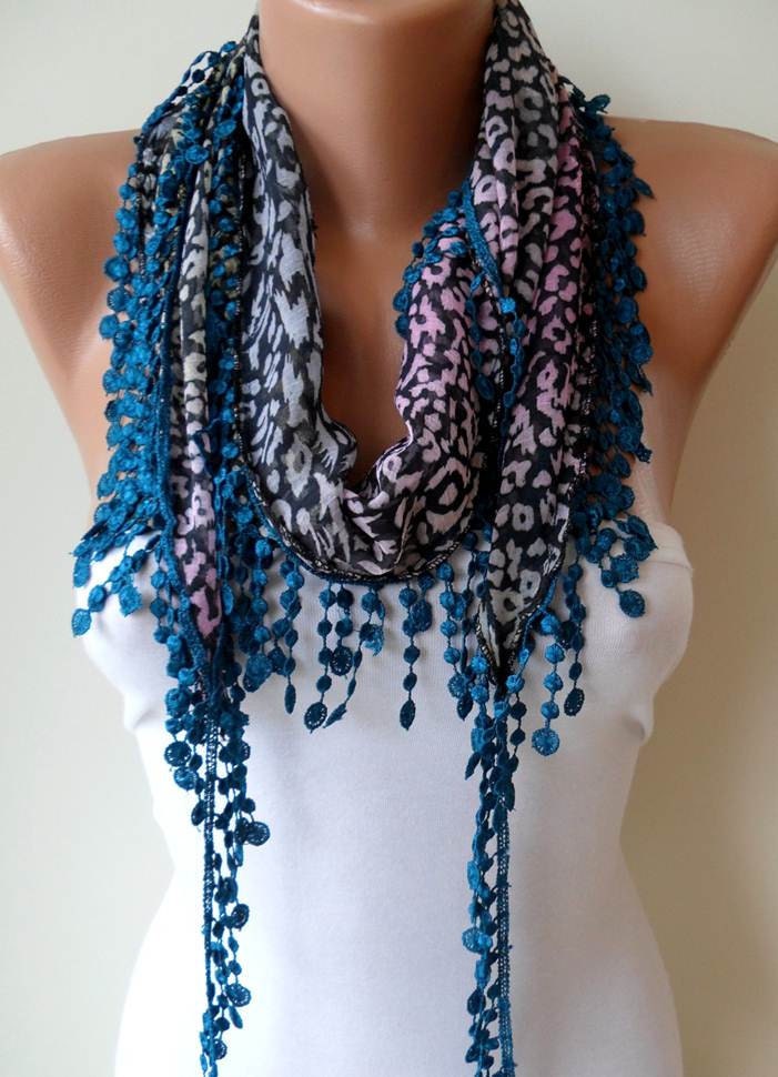Leopard Blue-Lilac Scarf with Dark Blue Trim Edge