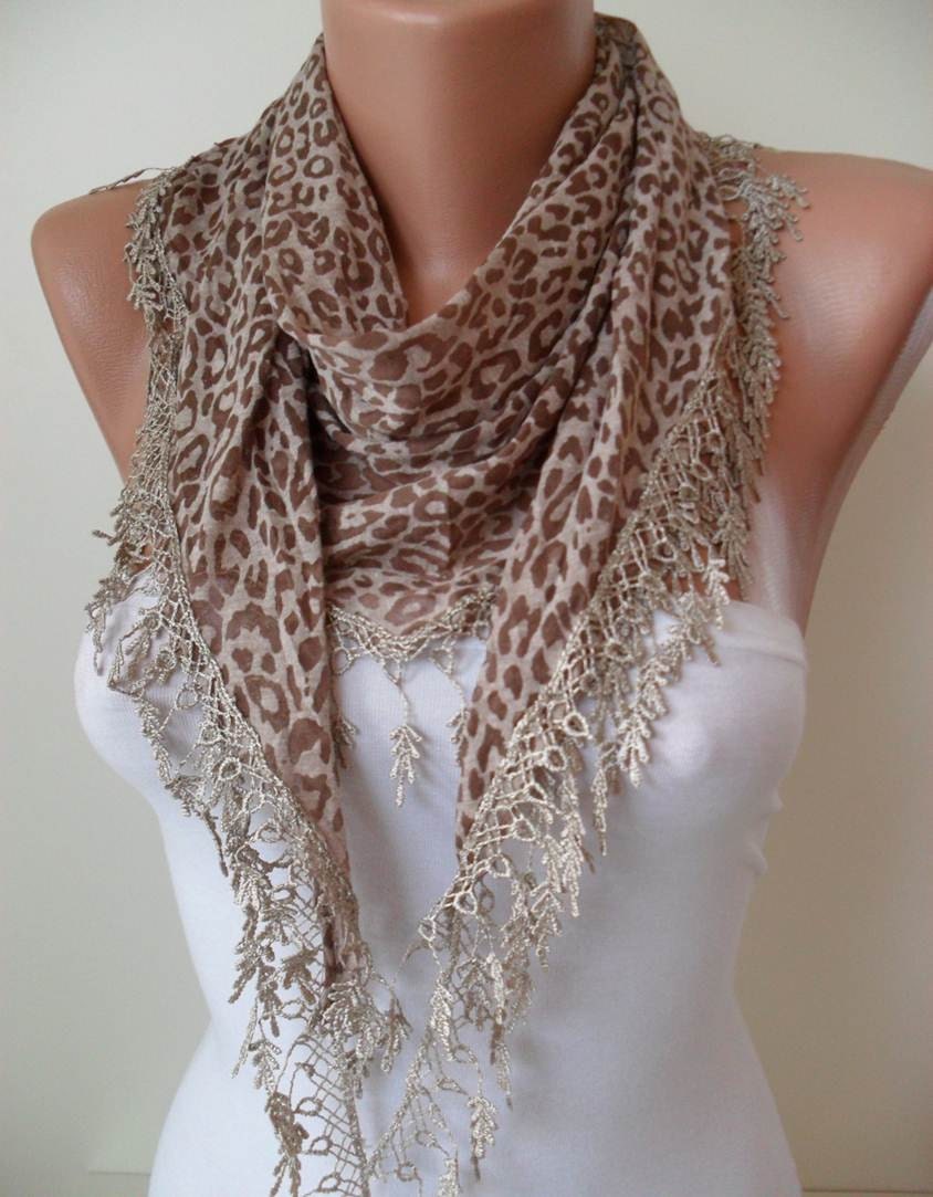 Brown - Leopard Print  Scarf with Trim Edge