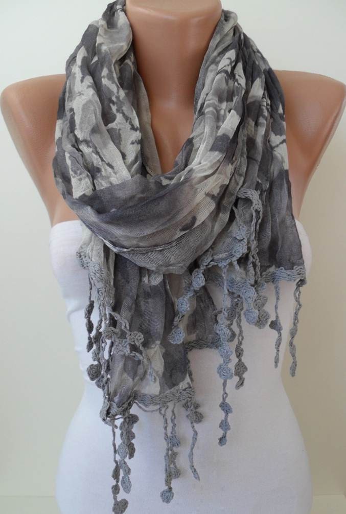 New Linen Scarf - Trendy - Grey Linen Scarf with Trim Edge