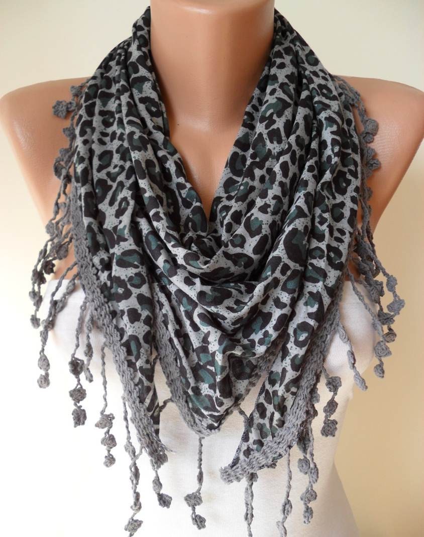 Leopard Print - Grey and Green Scarf - with Grey Trim Edge