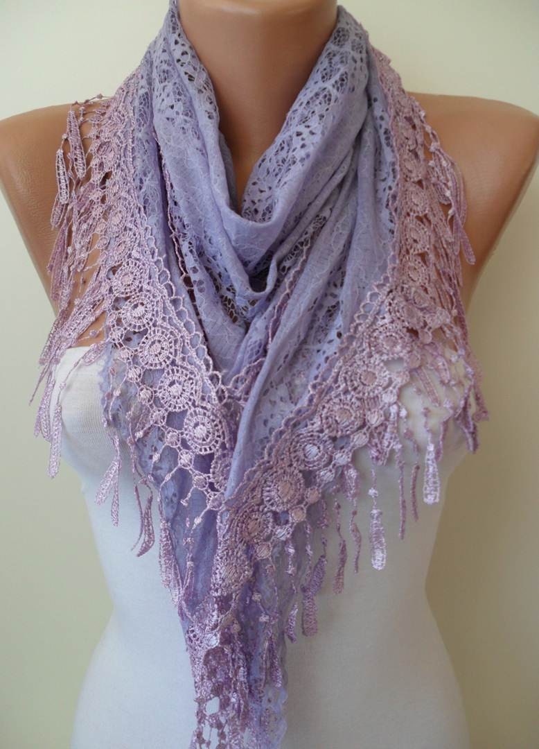 Lilac Scarf with Lilac Trim Edge - Laced Dantela Fabric
