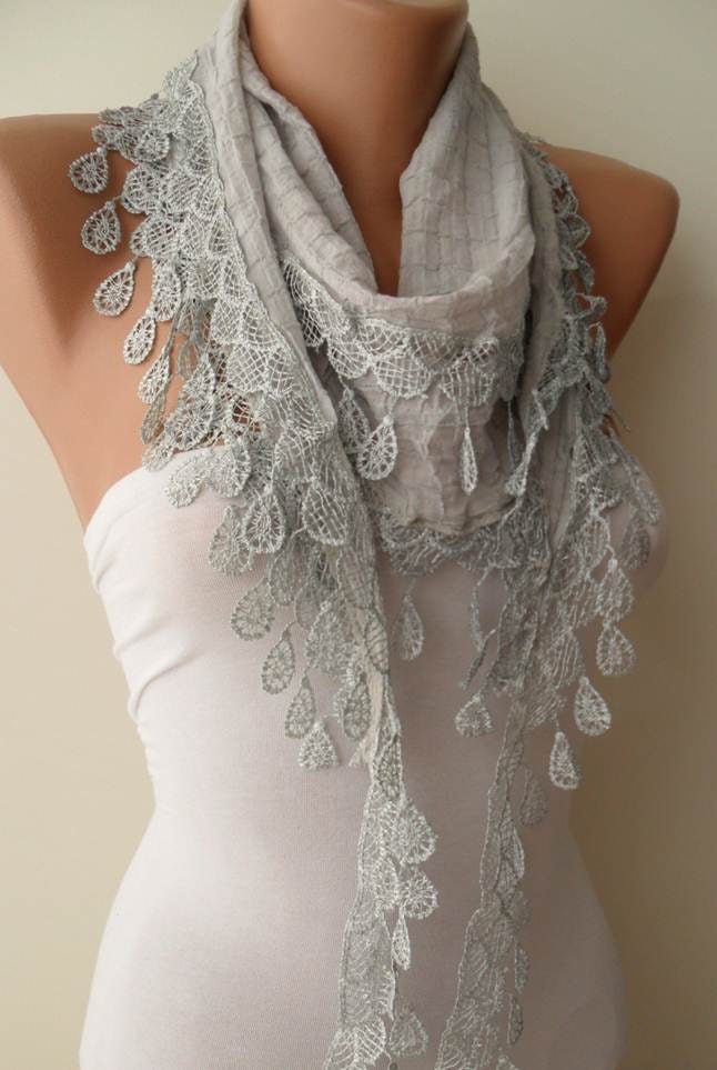 Light Grey and Cotton Scarf with Grey Lace Trim Edge