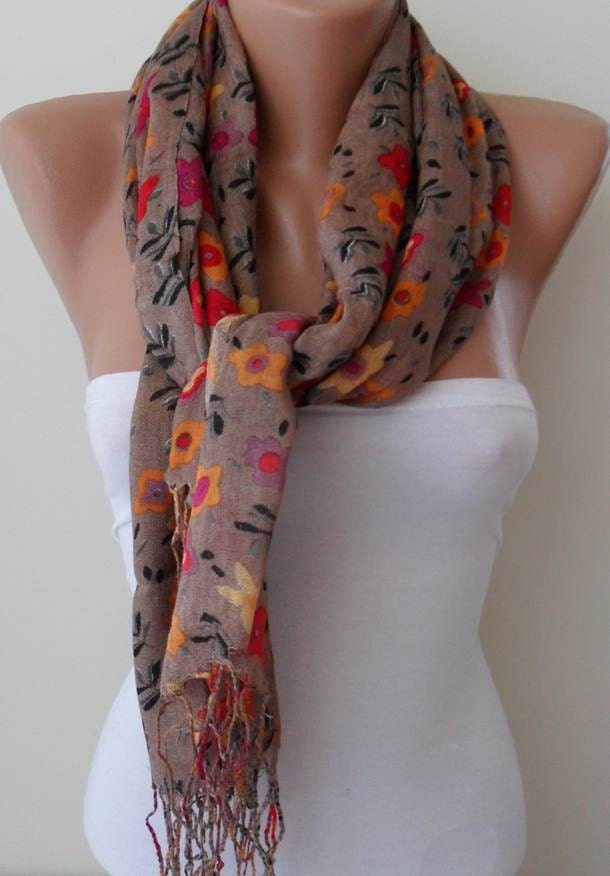 Light Brown and  Flowered Scarf
