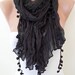 Black Scarf with Pompom Trim - Cotton Fabric