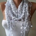 SALE - White Scarf with Grey Flowers with White Trim Edge - Silvery Fabric