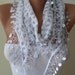 SALE - White Scarf with Grey Flowers  with White Trim Edge -  Silvery Fabric