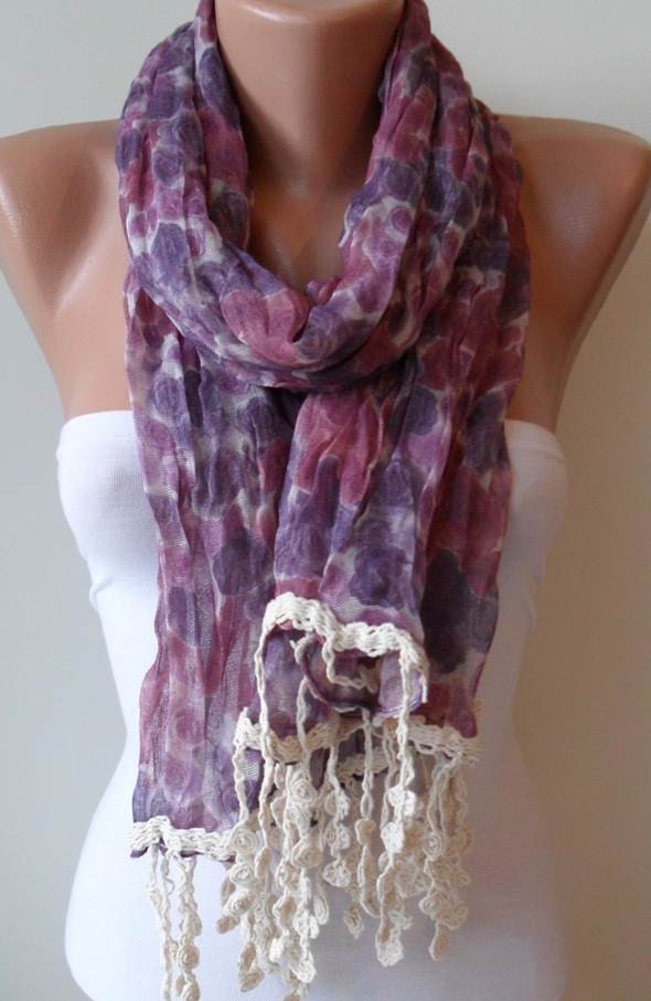 SALE SALE - Purple Linen Flowered Scarf - with Beige Trim Edge