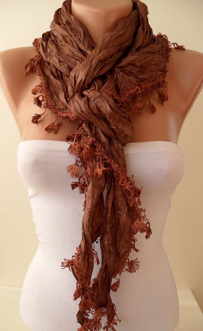 ON SALE - Brown - Satin Scarf with Trim Edge